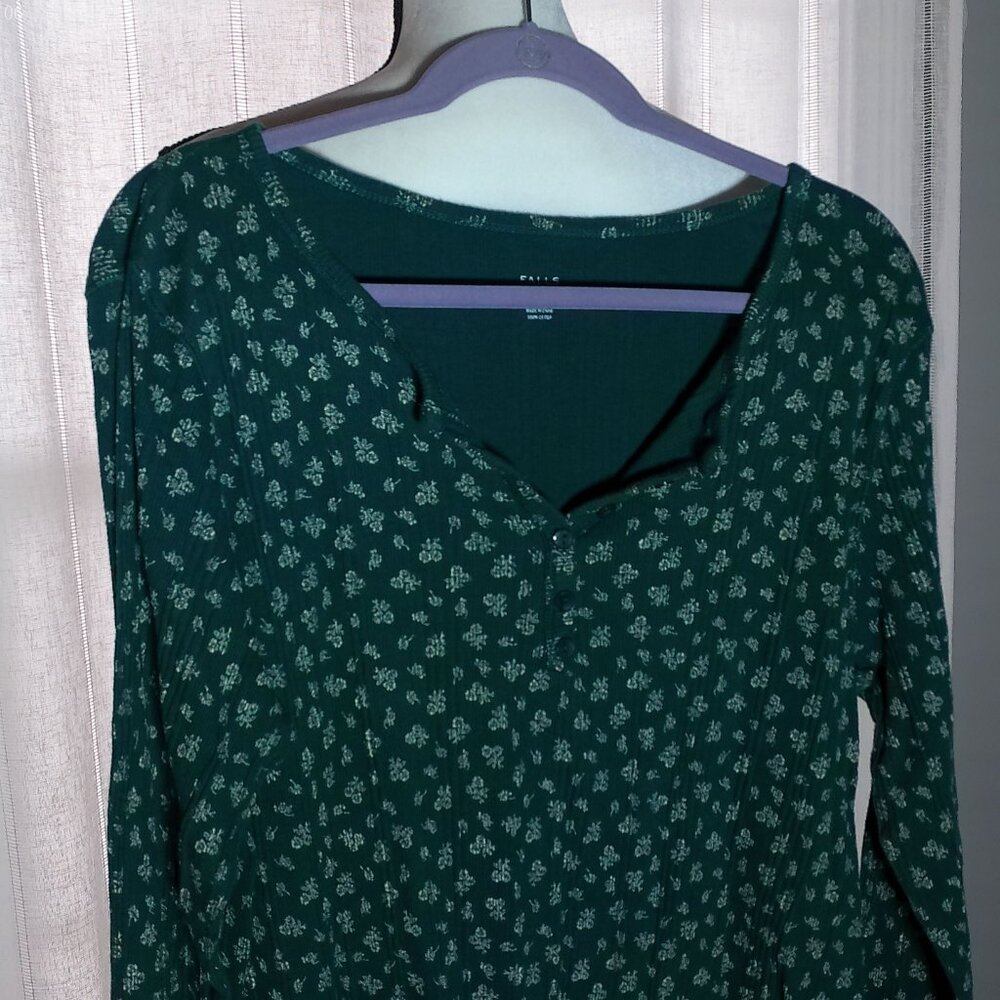 FALLS CREEK Long Sleeve Henley Teal w/Tiny Floral Print Cotton Ribbed Tee 2XL - Picture 2 of 9